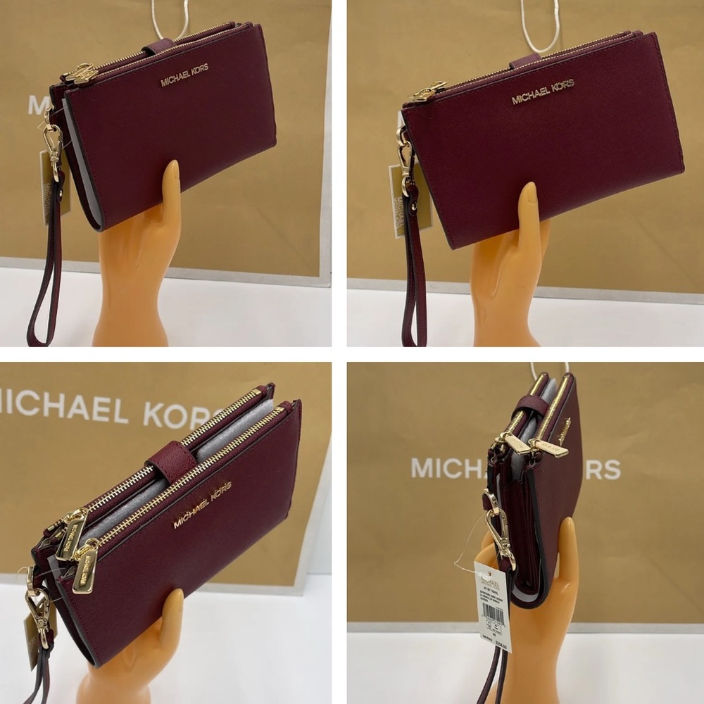 MICHAEL KORS LARGE DOUBLE ZIP WRISTLET WALLET DARK CHERRY COLOR MERLOT M… - Picture 15 of 16